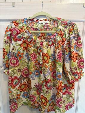 Rose & Olive Cream Floral Smocked Peasant Blouse with Bright Blossoms